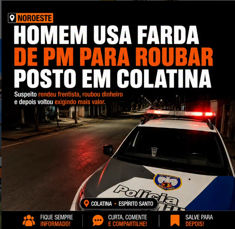 🚨 Homem usa farda de policial militar para cometer roubo em posto de combustíveis em Colatina